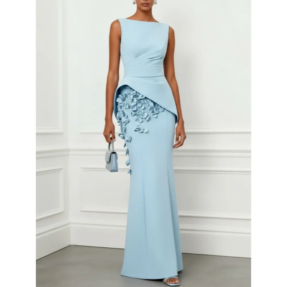 Customized Flowers Mother of the Bride Dress 2026 for Women Wedding Boat Neck Evening Dress Light Blue Mermaid Prom Party Gowns