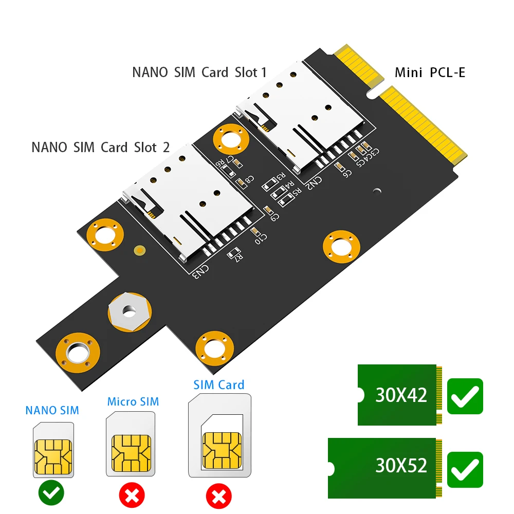 Dual NANO SIM Card Slot M.2 Key B to Mini PCI-E Adapter for 3G/4G/5G Modules