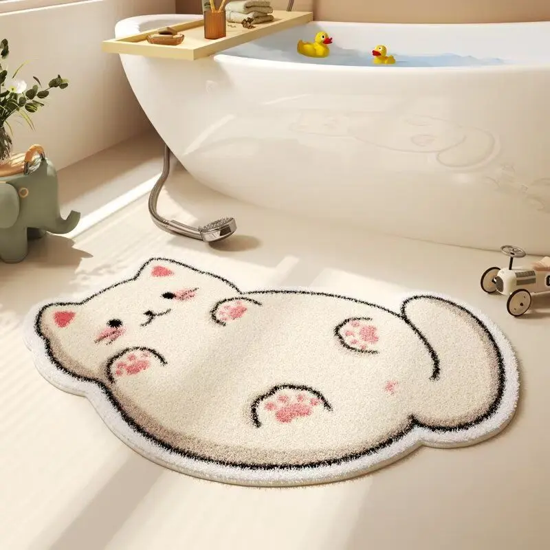 VIKAMA Cute White Cat Bath Mat Irregular Shape Belly Up Non Slip Soft Plush Bathroom Rug Absorbent Floor Mat for Shower Kids