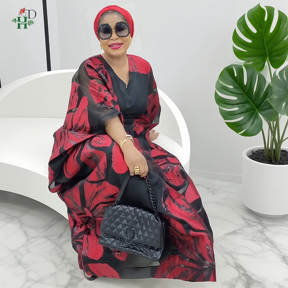 

H&D African Dresses For Women 2025 Red Flower Fashion Dress Plus Size Wedding Maxi Gowns Elegant Kaftan Boubou Djellaba Clothing