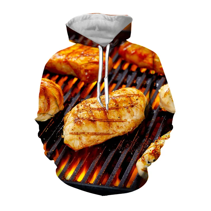 3D Printed Seafood Barbecue Hoodies For Men Delicious Food Pattern Pullovers Casual Hooded Sweatshirts Long Sleeve Loose Tops