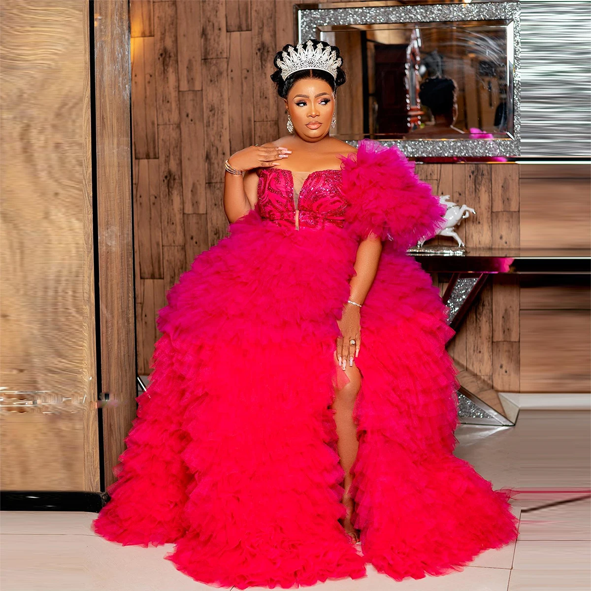 Gorgeous Plus Size One Shoulder Prom Dresses Ruffles Tiered Puffy Evening Gowns Sexy High Split Formal Occasion Party Dress