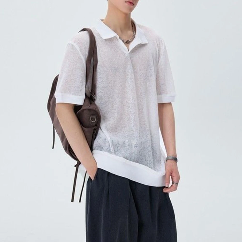2026 Summer New Men's Sheer Short-Sleeve T-Shirt American Retro Fashion Trendy High Street Loose Casual Breathable Men's Top