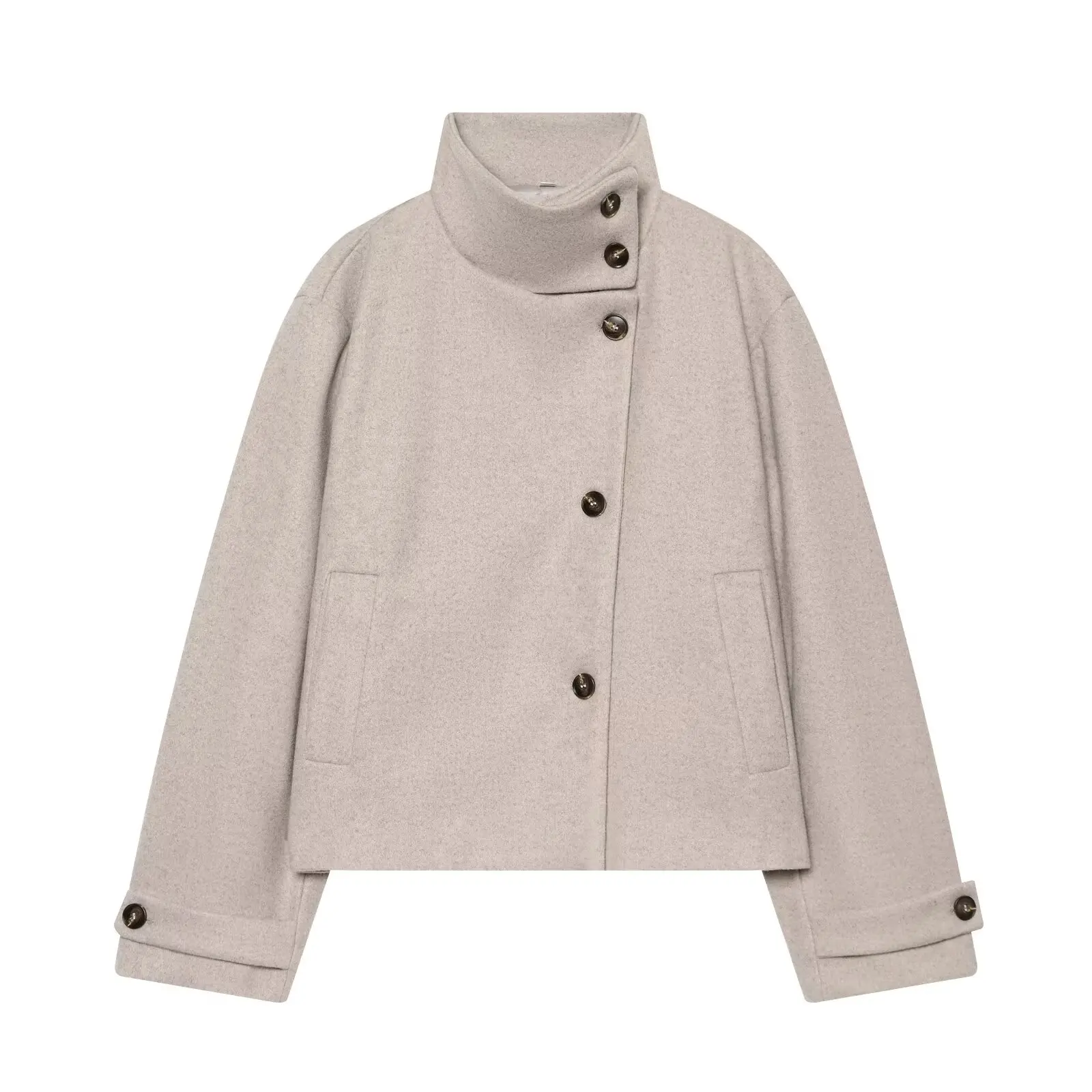 BSAY 2026 Autumn Korean Style Women's Stand Collar Asymmetric Button Short Jacket Long Sleeved Pockets Loose Woolen Short Coat