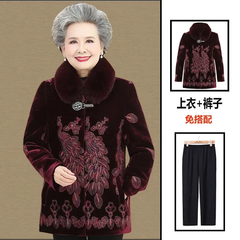 High Quality Grandma Winter Parkas Mid-Long Imitation Mink Cashmere Coat Middle Aged Women Thicken  Velvet Warm Woolen Jacket