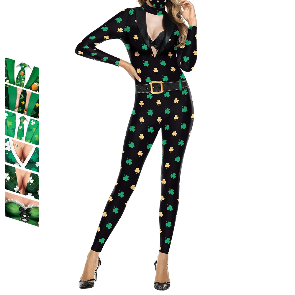 Zawaland Sexy Jumpsuit Women Carnival Funny Lucky Grass Printing Cosplay Costume Female Holiday Party Fashion Bodysuit Onesie