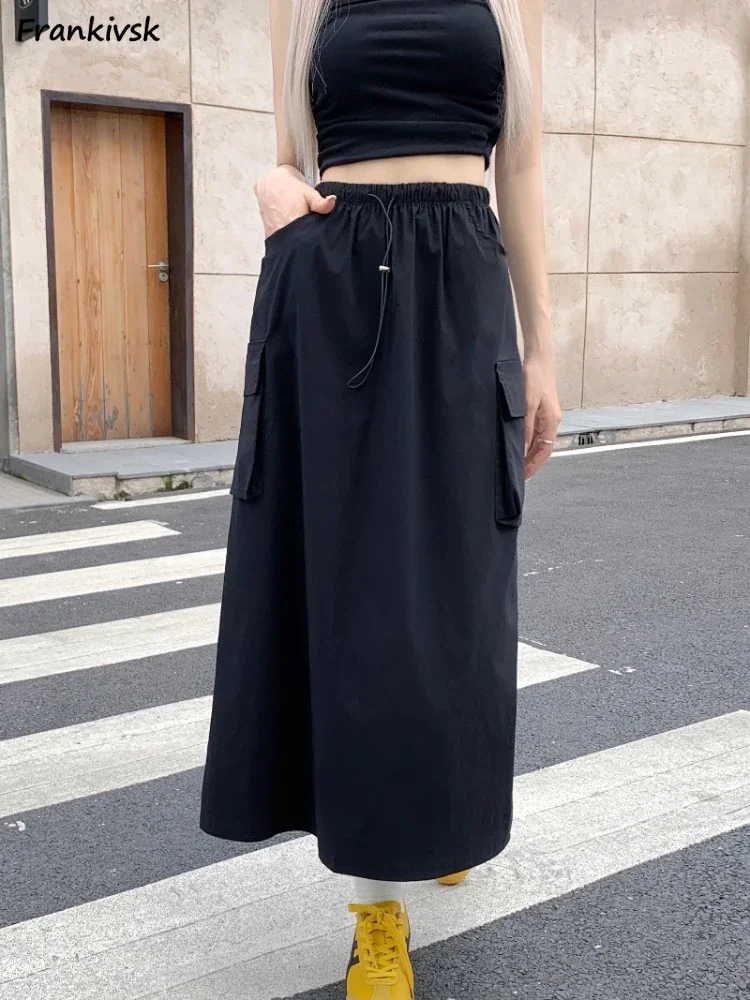 

Skirts Women Nostalgic Vintage Temperament High Waist Autumn All-match Korean Style Pockets Hotsweet Streetwear Midi A-line New