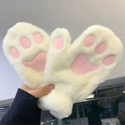 Guantes gruesos y cálidos de felpa suave para mujer y niña, guante de Pata de Gato lindo, coreano, japonés, piel de conejo, dedo completo, mitones de equitación casuales, Invierno