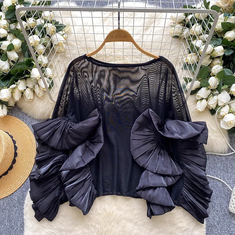 Leichtes, luxuriöses Socialite-Hemd für Damen, sommerliches, gerüschtes, dünnes Netzgewebe, lockere Passform, elegantes und hochwertiges Oberteil
