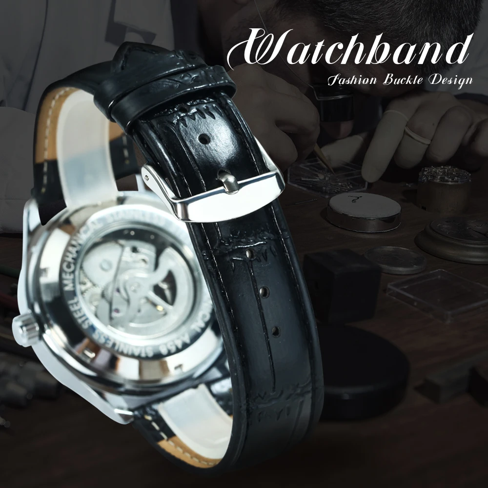 Winner Klassische Business-Armbanduhr für Herren, Retro-Kalender, blaue Zeiger, automatische mechanische Uhren, Top-Marke, Luxus-Stahl-Ledergürtel – Detail 8