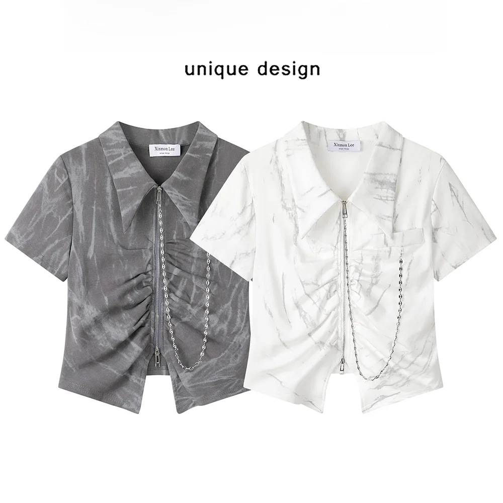 

Xinmon Summer New Print Dyed ort Sve Женская облегающая футболка irt Commute Sle Воротник на молнии Регулируемая...