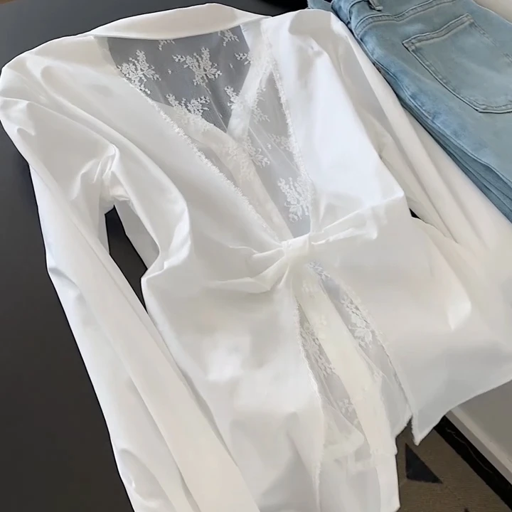 

Женская блузка с кружевными вставками и длинными рукавами, приталенный крой, уникальный узел на спине, модный топ с V-образным вырезом, стандартная длина