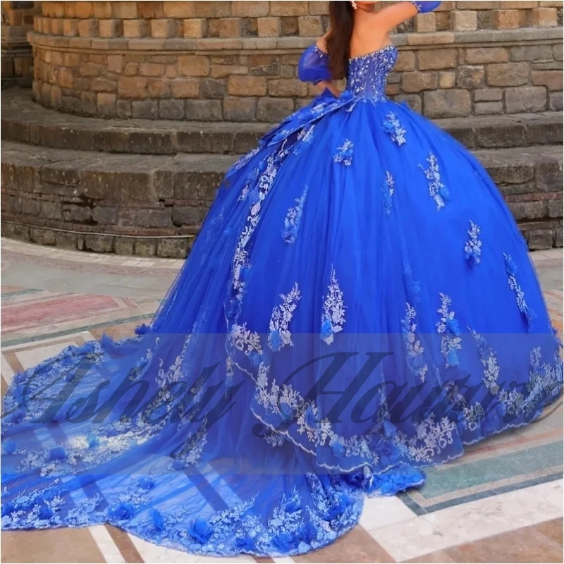 

Customized Blue Sweetheart Flowe Lace Applique Corset Ballgown Sweep Train Prom Birthday Party Dress Sweet 16 Quinceanera 15 New
