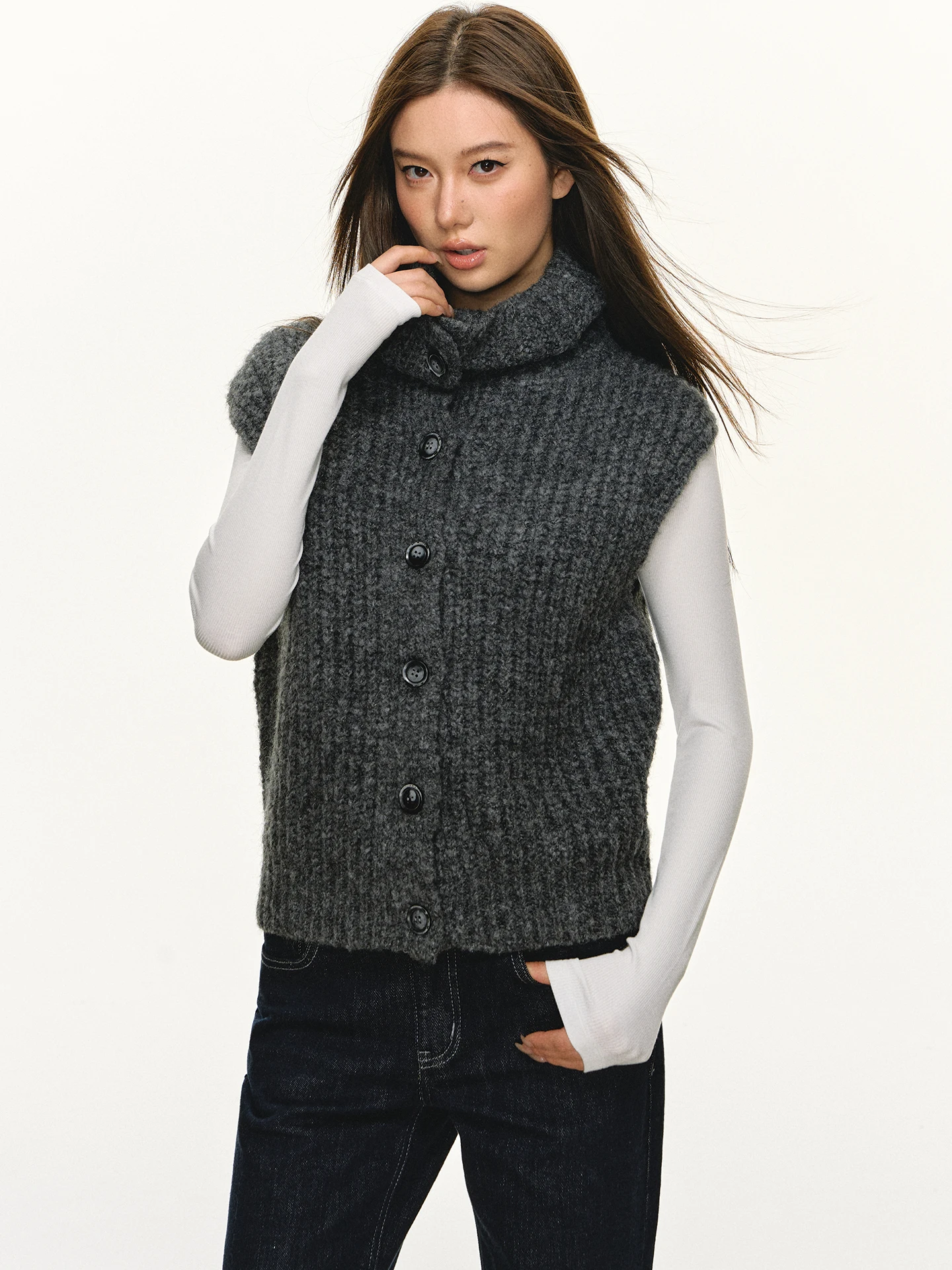 

Anna Aneae Women's ort Knitted Sweater Jaet High Collar Layering ey Color Spring Autumn New Sle Loose Fit Cardigan