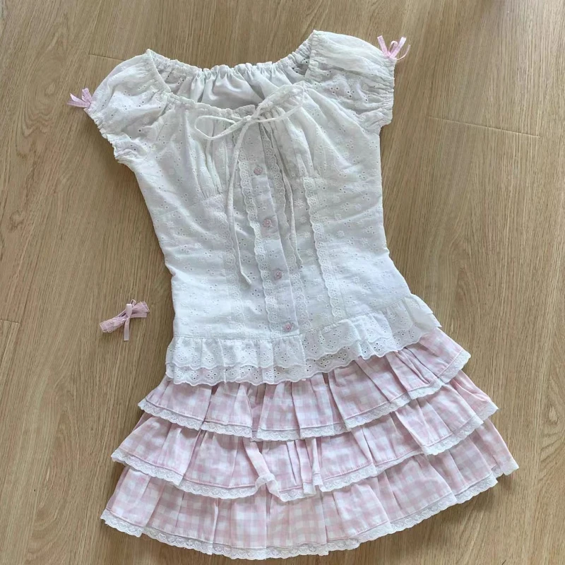 

Kawaii Design Square Neck Slim 2-piece Set Women Summer Japanese Short Sleeve Tops + High-waiste Pink Plaid Ruffle Short Skirt