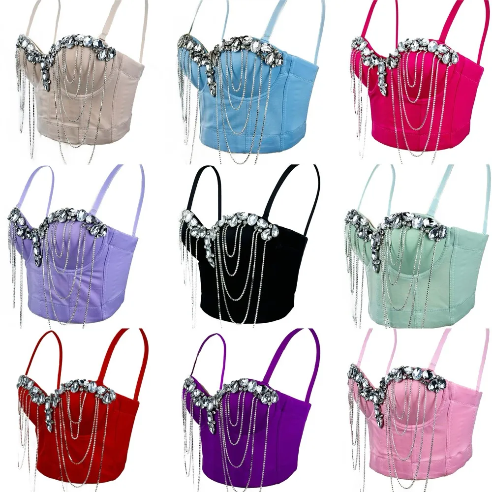 

Женский корсет со стразами и бисером, сексуальный блестящий бюстье для выступлений танцовщицы, топ на бретелях для девочек, женский укороченный топ, Клубный бюстгальтер для вечеринок