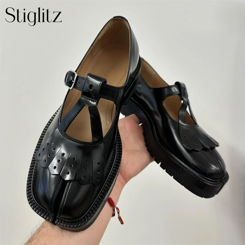 

Chunky Sole Tabi Brogues Genuine Black Leather Tassel Polished Loafers Buckle Designer Style Dress Shoes Handmade Leather Shoes