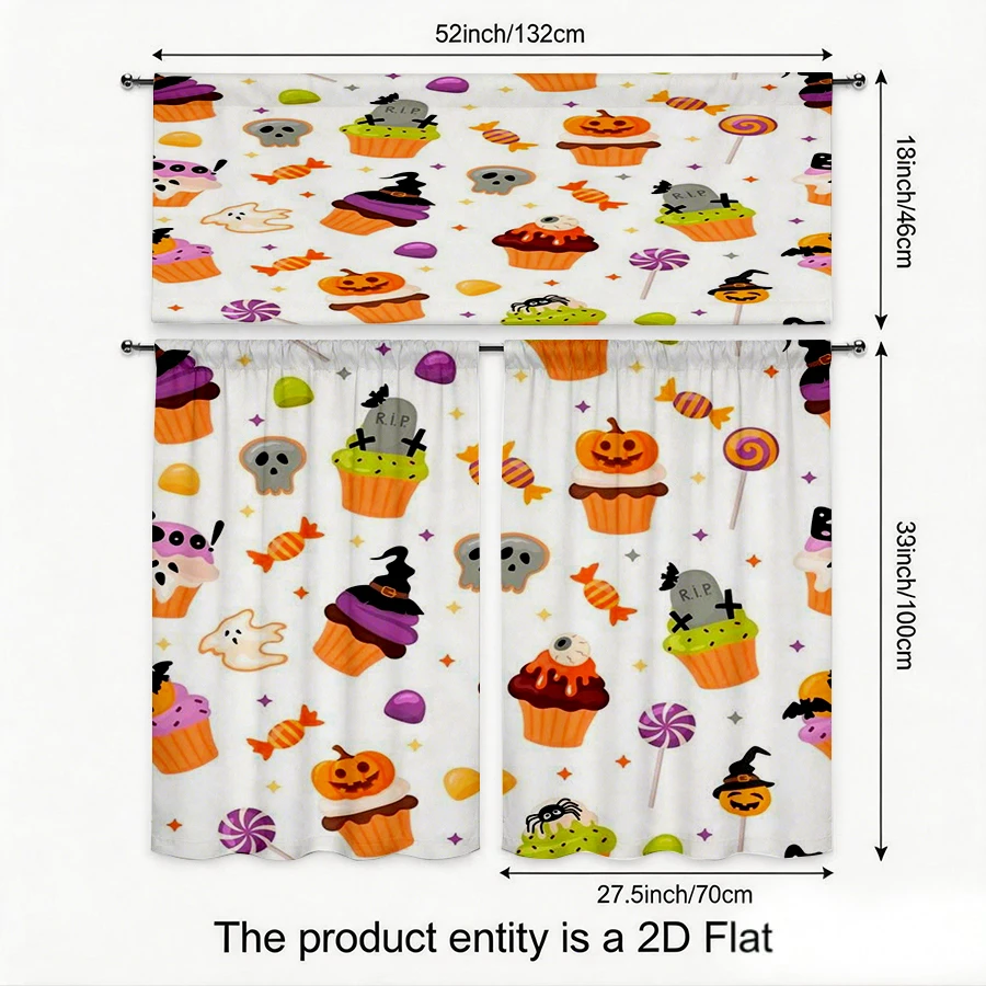 Halloween Fall Kitchen Curtains, Cupcake Skull Ghost Candy, Digital Print, Kitchen Dining Room, Rod Pocket Polyester, Home Decor