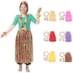 Ladies Hawaiian Hula Skirt Headband Wristbands Garland Lei Bra Fancy Dress Costume Flower Party Accessories