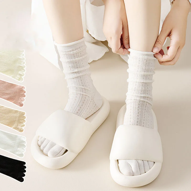 Spring Summer Thin Hollow Mesh Mid Tube Socks Women Five Fingers Crew Socks Candy Color Breathable Sports Split Toe Socks 5 Toes