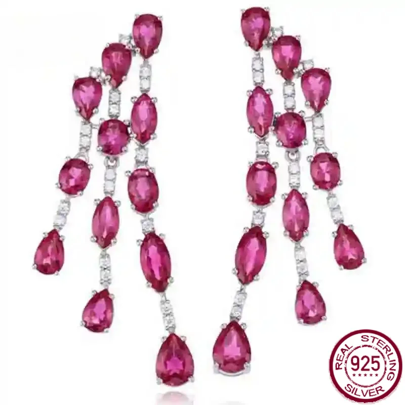 Yaranyan Luxury 925 Sterling Silver Pear Lab Ruby Sapphire Gemstone Dangle Earrings Fine Jewelry For Women Anniversary Gift