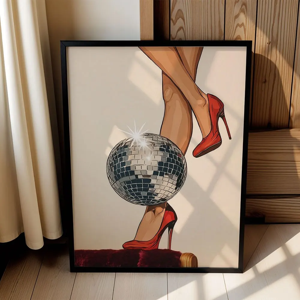 High heel disco ball vintage canvas wall decoration painting, trendy home decoration for the living room, 2D printed poster