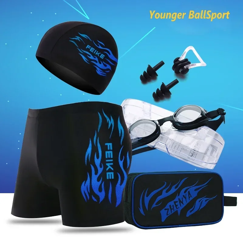 Myopia swimming goggles men's boxer plus size fashion hot spring swimming trunks men swimwear swimming goggles swimming cap set