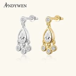 ANDYWEN 925 Sterling Silver Gold Loulou Stud Earring Clips Piercing Pendiente Drops Big Ovals Pear Luxury Crystal Fine Jewelry