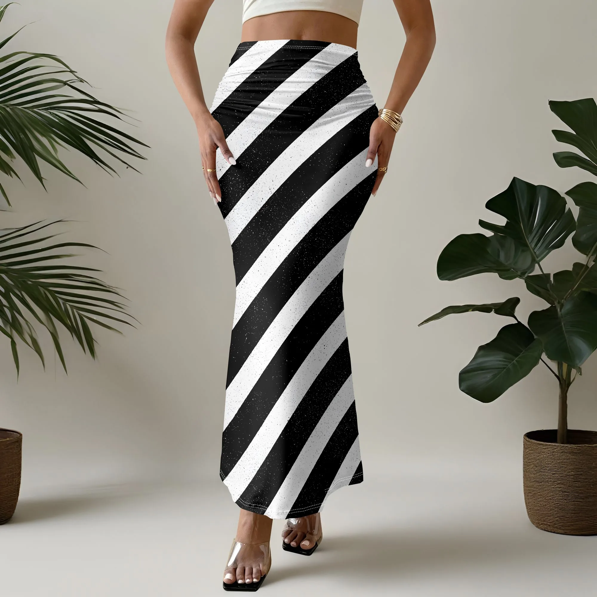 Black White Striped Mermaid Skirt, Printed Midi Skirt, High Waist Long Skirt for Women Party Club Wear S-3XL