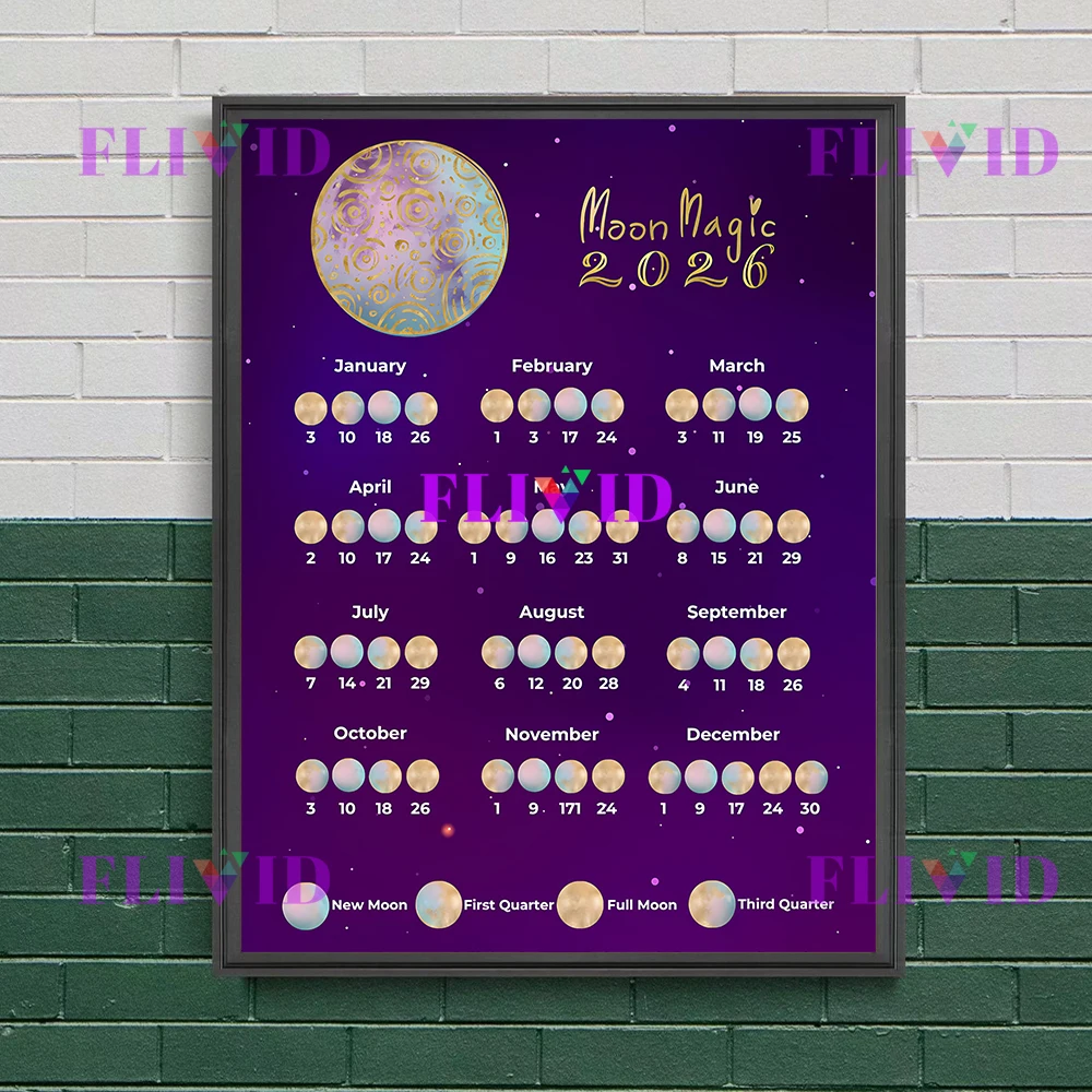 2026 القمر التقويم ويتشي غريموير صفحات الرسم على لوحات القماش الجدارية ، 2026 مراحل القمر التقويم ملصق فني طباعة ديكور المنزل غير المؤطرة