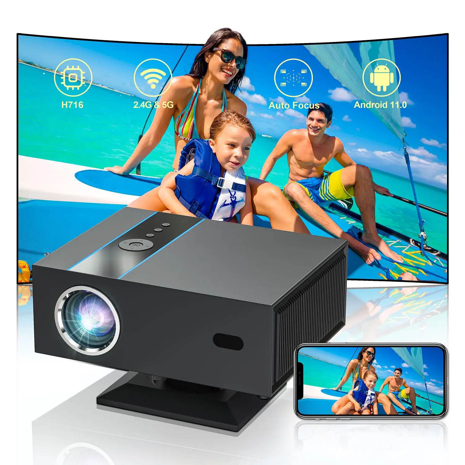 Proyector de Video Yinzam X6 1080P Totalmente Automático, 500ANSI Lúmenes, Android 13, Control Remoto por Voz, Compatible con 4K, Proyector Inteligente con Soporte, 3D HDR10