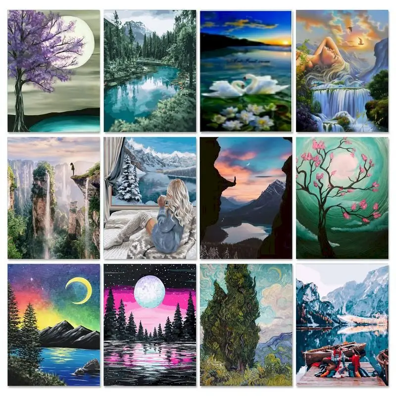 

CHENISTORYNO Painting By Number Kits For Adults Handpainted DIY Frame Flower Tree Scenery Drawing By Numbers Home Decor Gift