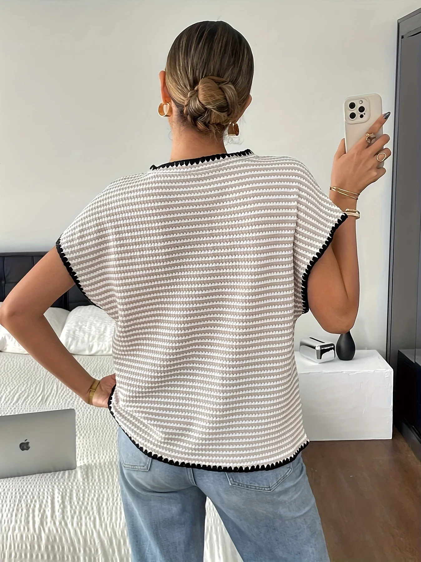 T-shirt manches courtes col rond femme décontracté bord contrasté haut rayé