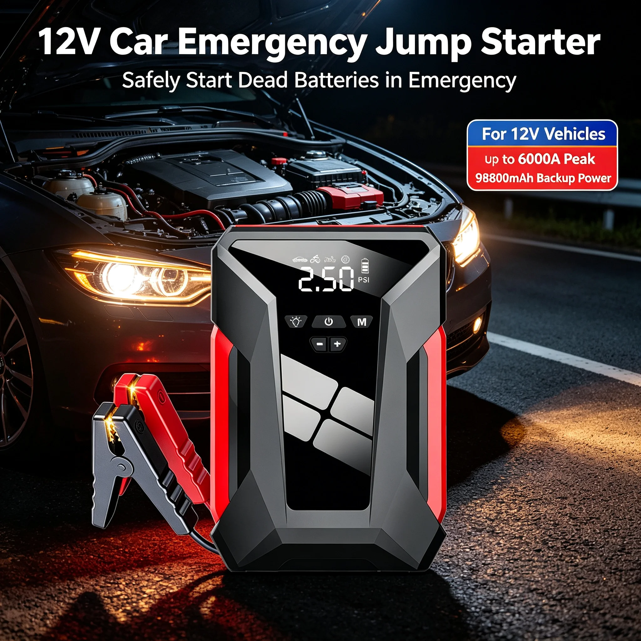 12v Automotive Battery Charger 99800mAh Car Jump Starte Device Portable Power Bank Air Pump Multi-Function4In1 Air Compressor