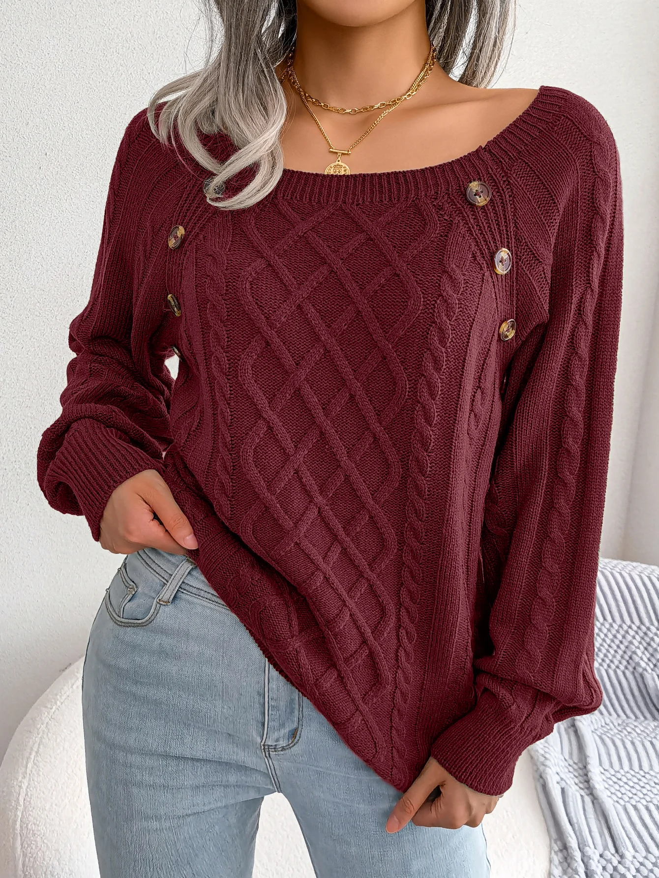 Women Casual Square Collar Buttons Long Sleeve Knitted Pullovers And Sweaters For Autumn Winter 2023