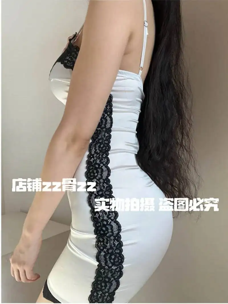 Lente Nieuwe Elegante Vrouwelijke Kant Splicing Contrasterende Kleur Jurk Korte Kant Mesh Zoete Tank Mini Jurk V-hals Tops B7HO