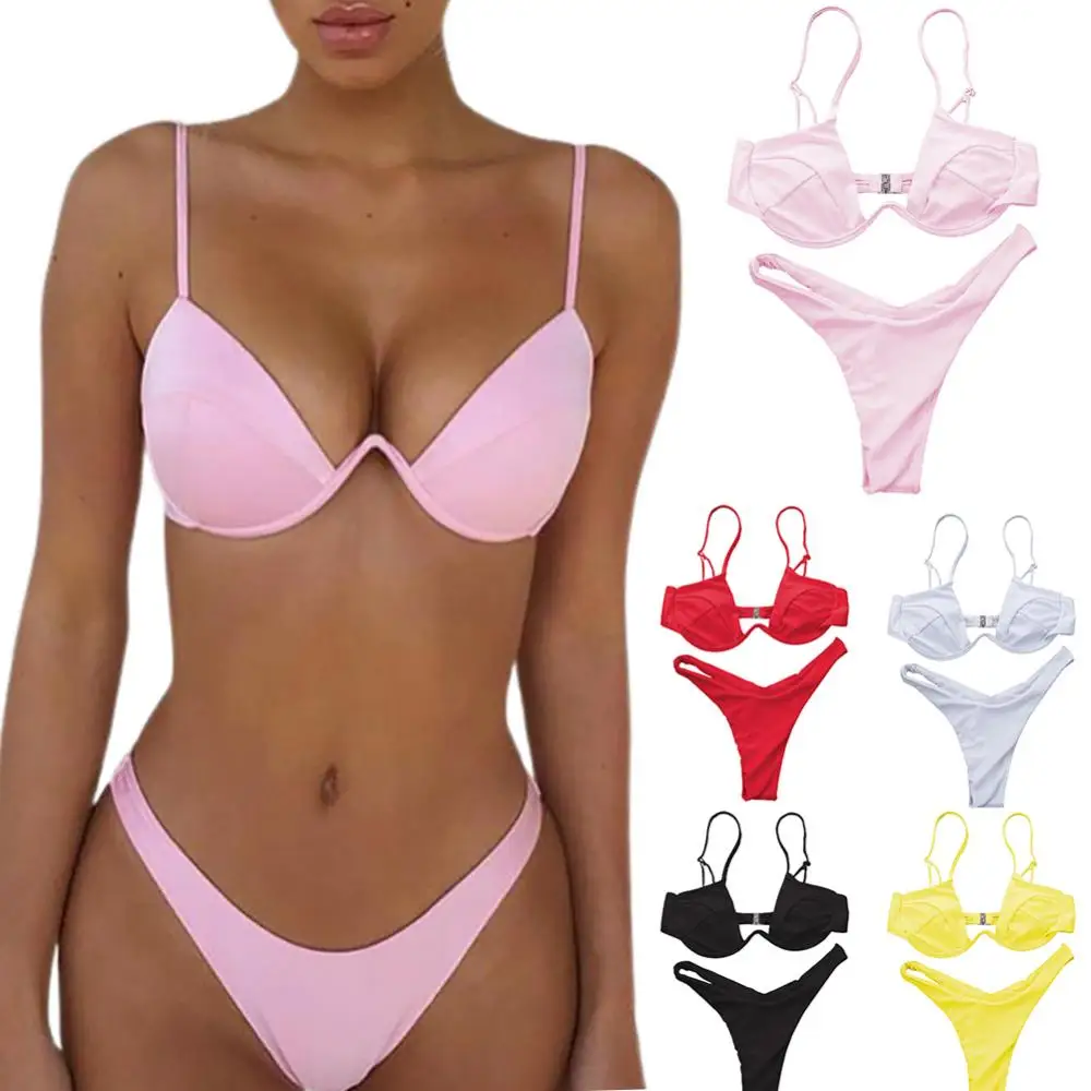 Underwire Bikini Set Women Solid Color Bikini Bra Sexy Swimsuit Underwired G-string Briefs Beach Set