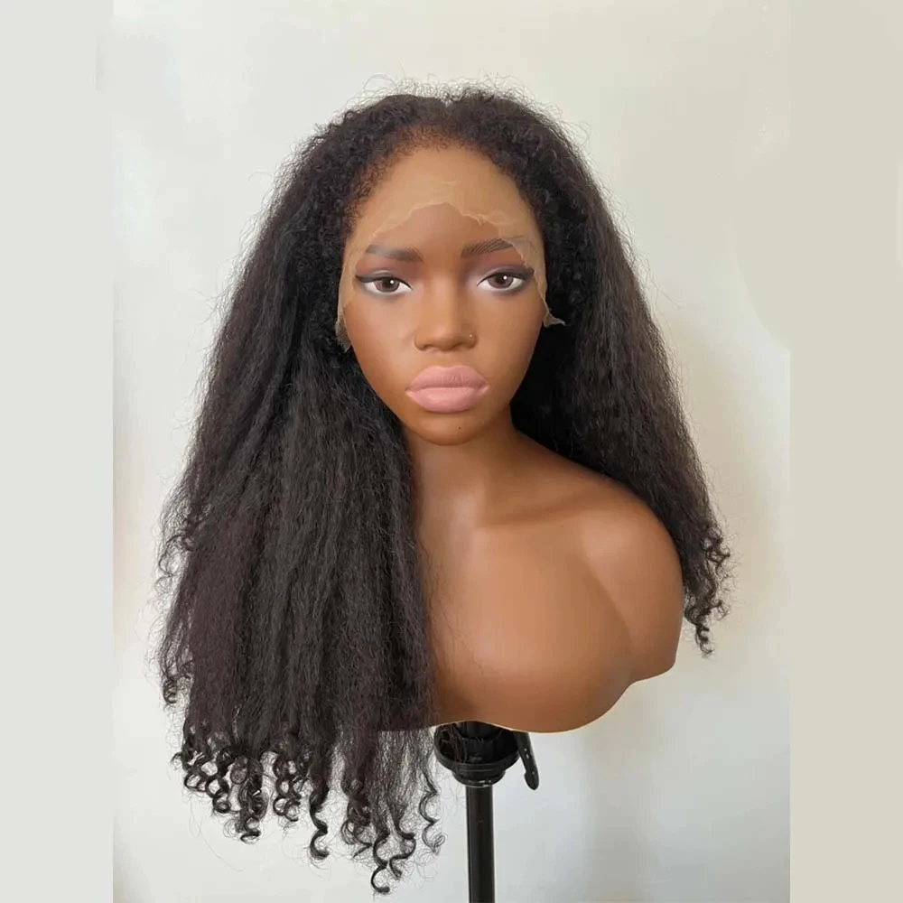 Yaki negro sin pegamento suave largo 26 pulgadas 180 densidad rizado recto pelucas delanteras de encaje para mujeres Babyhair prearrancado sintético diario