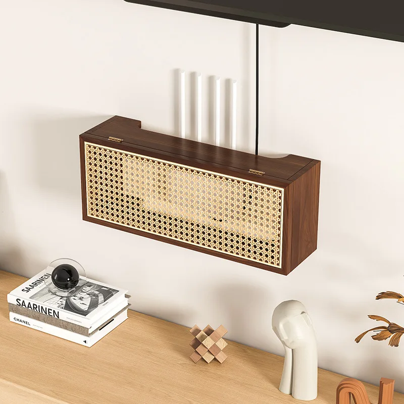 

Medieval style solid wood rattan wireless router storage box wall-mounted TV set-top box storage rack
