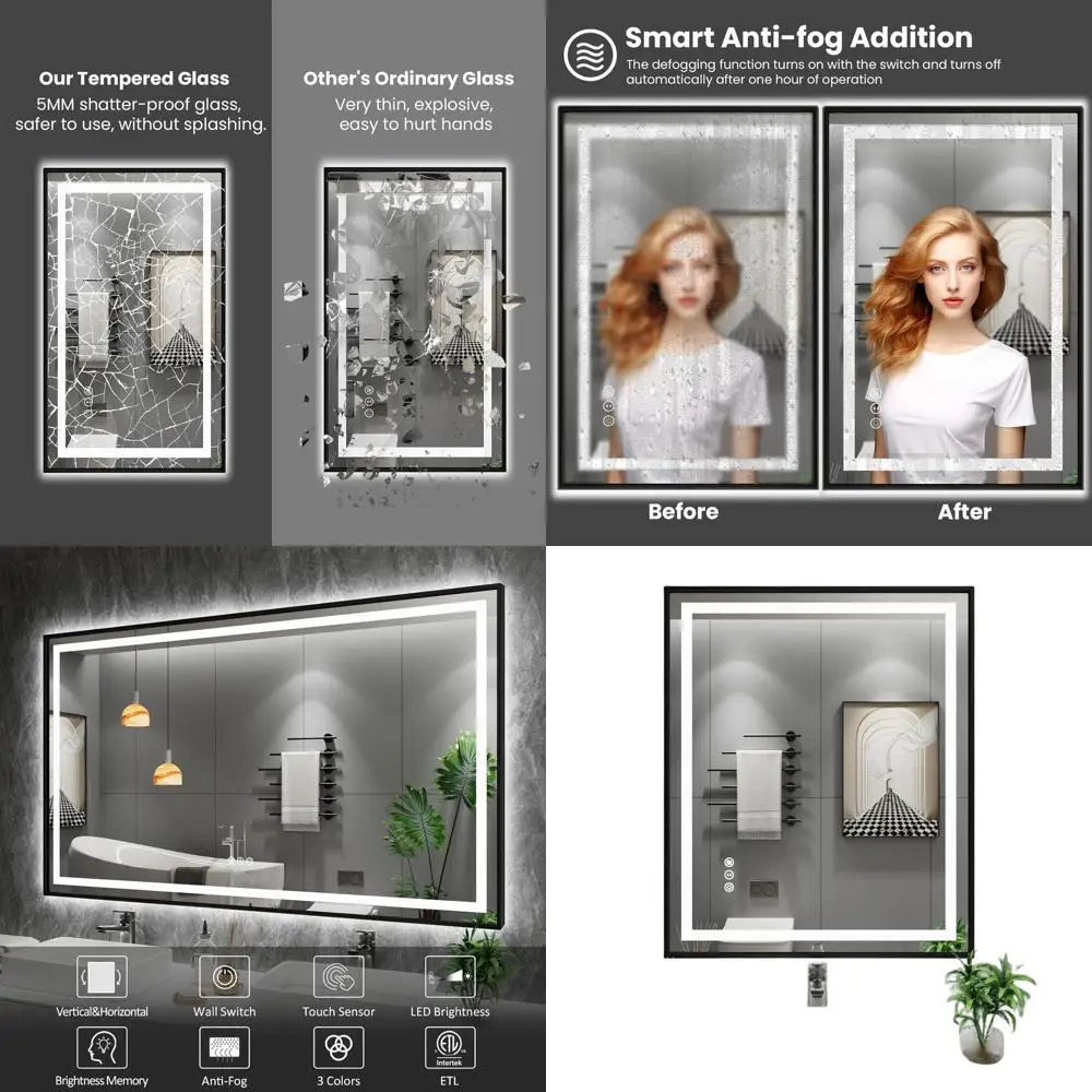 Miroir de salle de bain rétroéclairé par LED 24x30 pouces avec cadre noir, antibuée, incassable, variable, 3 options de couleurs, double vanité M