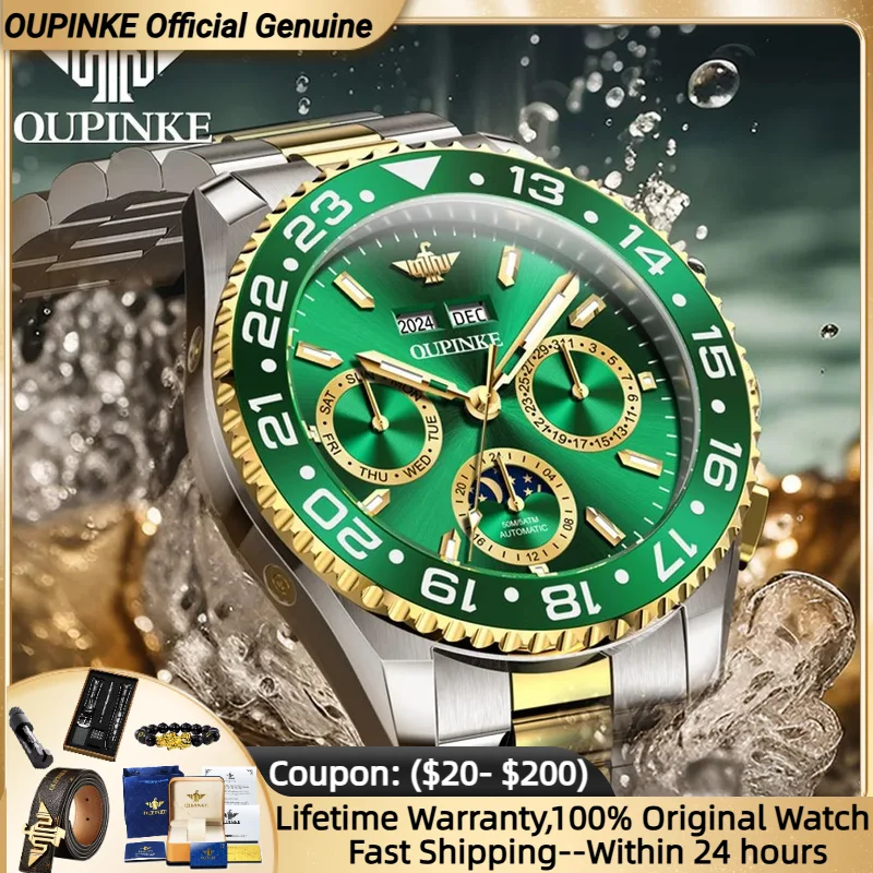 

Genuine OUPINKE Wristwatch for Men Swiss Certified Automatic Mechanical Watch Moon phase Waterproof Luminous Men's Watches NEW