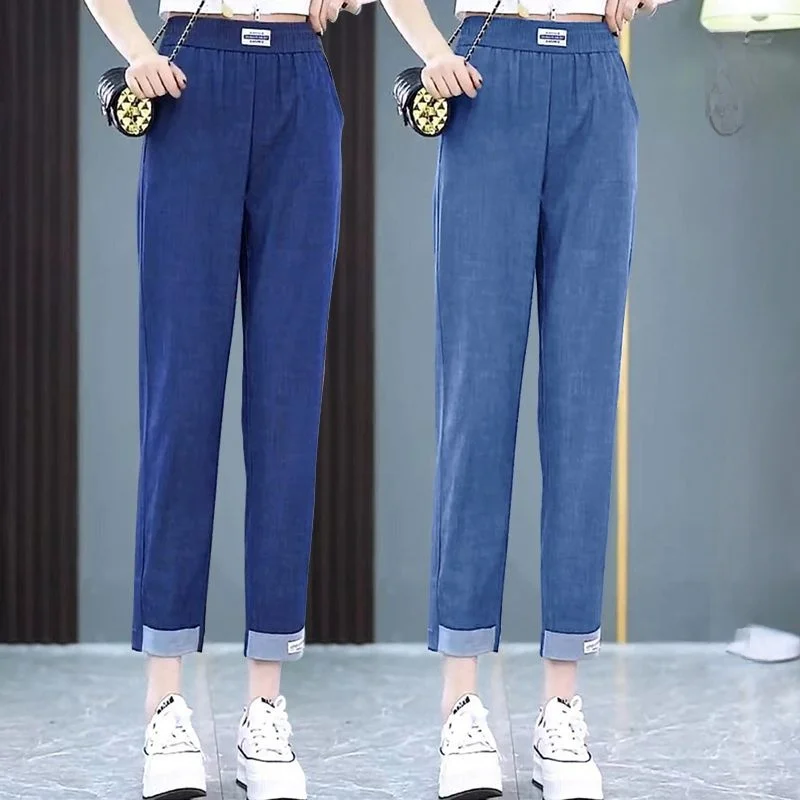 Pantalon d'été en Denim de soie glacée fine, taille haute, élastique, décontracté, Harlan, neuf Points, amincissant, polyvalent pour maman