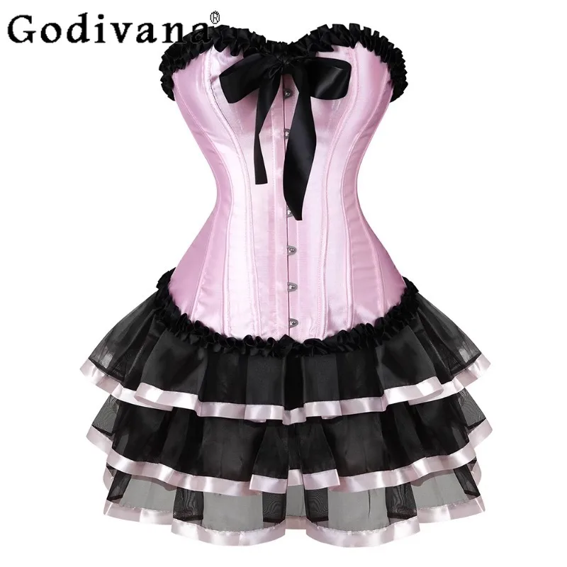 

Summer Court Style Skirt Set Women Collarless Corset Halloween A Line Mini Skirt Outfits Female Sweet Two Pieces Skirt Suits