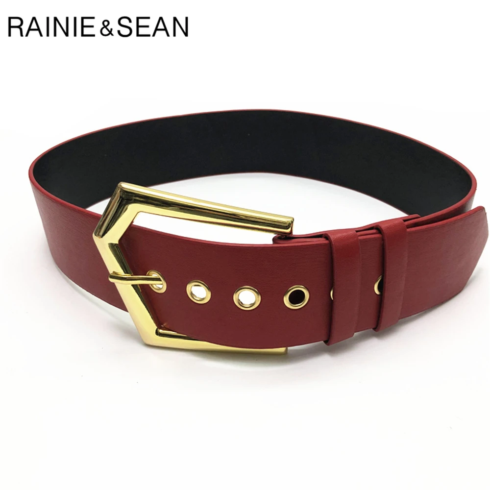 Rainie Sean Vintage Wanita Sabuk Lebar Merah Pinggang Sabuk Wanita Pin Gesper Kulit Imitasi Wanita Celana Belt Aksesoris Pakaian