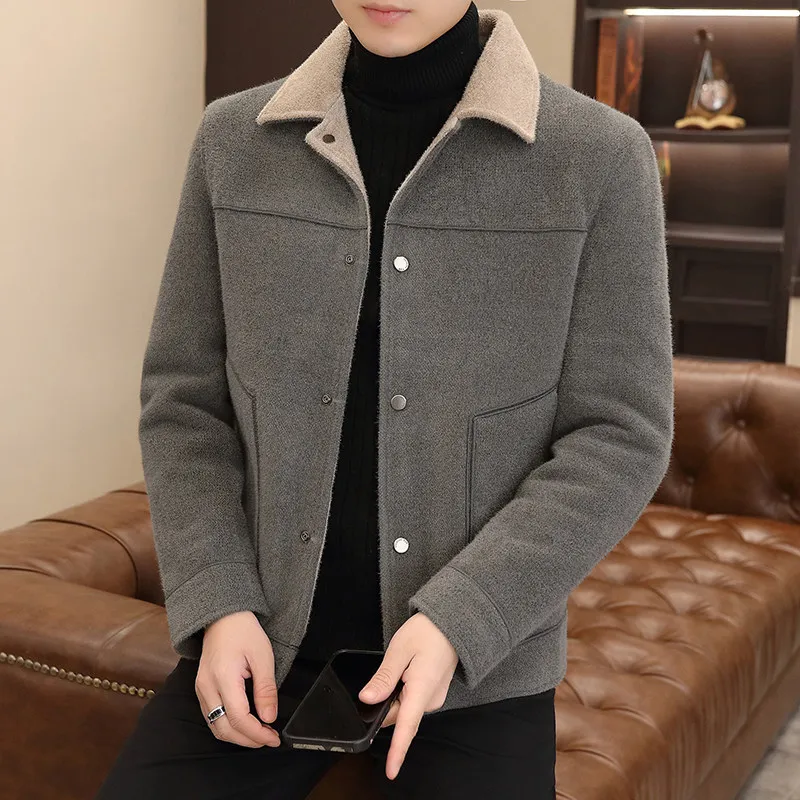 

Мужская шерстяная куртка на осень-зиму, модная, в корейском стиле, премиум-класса, с отложным воротником, приталенная, теплая зимняя куртка из полиэстера