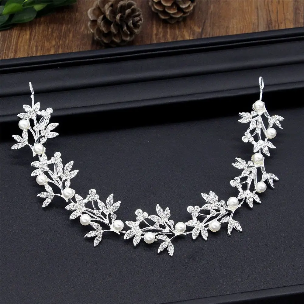 

Flower Silver Color Hairband Hair Jewelry Pearl Rhinestone Women Headband Bride Tiara Headband