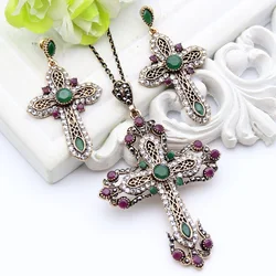 Neovisson Ethnic Jewelry Flower Cross Necklace Antique Gold Color Resin Ladies Favorite Gift Wedding Jewelry Pendant Necklace