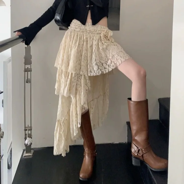 

Fashion Simple Rose Lace White Skirts Irregular Ruched Cake Skirt for Women Summer New High Waist Korean Fashion Clothing
