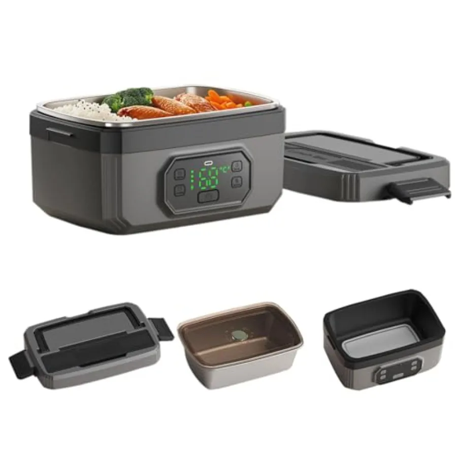 

Portable cordless electric heated lunch box for adults, stainless steel body in black, 24000 mAh battery with heating timer and