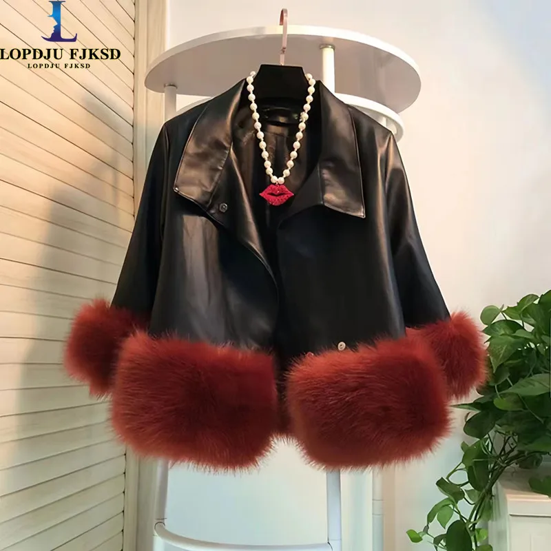 PU Coat for Women,Spliced Fur Jacket, Casual Cotton Parkas,Covered Button,Turn-down Collar, Female Clothing, New , Winter, 2023